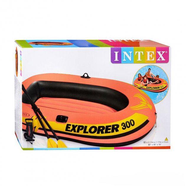 Надувная лодка трехместная двухкамерная Intex 58332 NP Explorer 300 с пластиковыми веслами и ручным насосом 211х117х41 см Оранжевая - фото 9