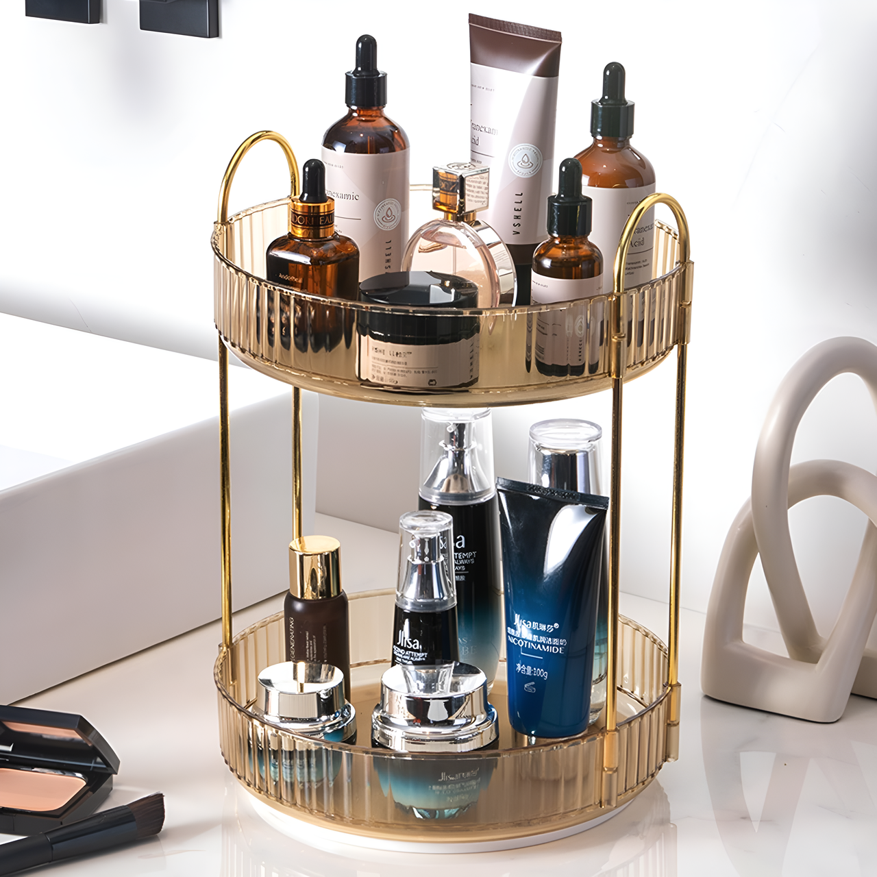 Органайзер для косметики пластиковий 2 яруси обертається на 360° Бурштиновий - фото 2