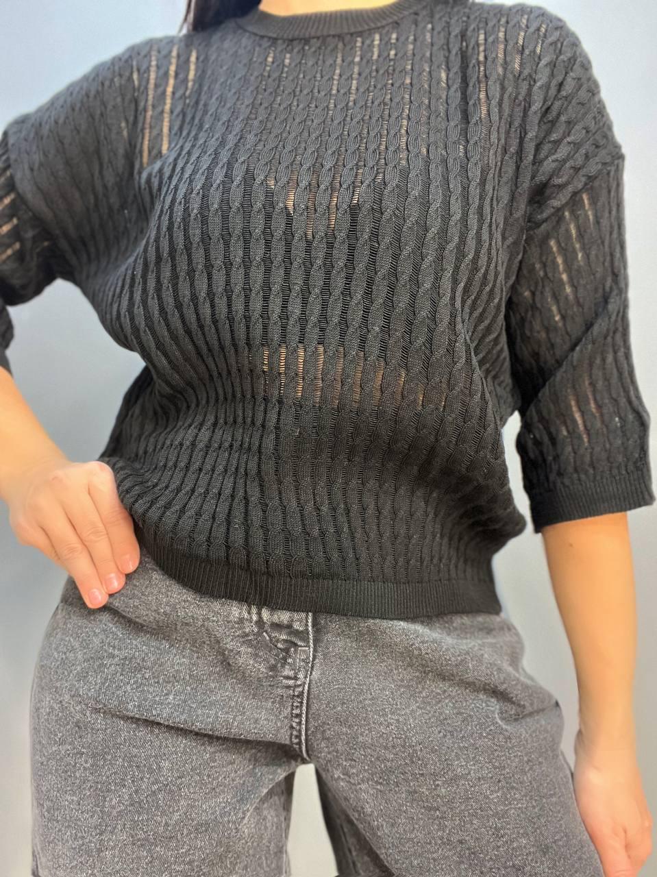 Джемпер жіночий KARON 10646 напівпрозорий реглан ажурна вʼязка косичка короткий рукав OS Чорний (1249) - фото 9 Джемпер жіночий KARON 10646 напівпрозорий реглан ажурна вʼязка косичка короткий рукав OS Чорний (1249) - фото 9