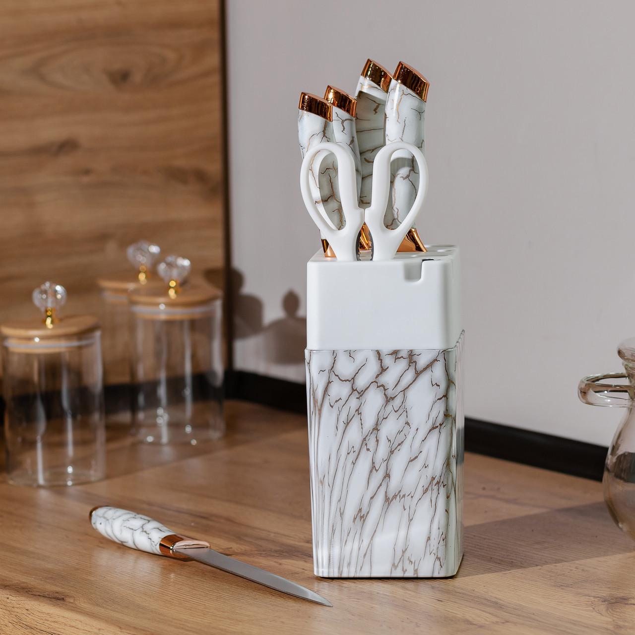 Набір ножів з ножицями з підставкою 5 шт. Білий - фото 2