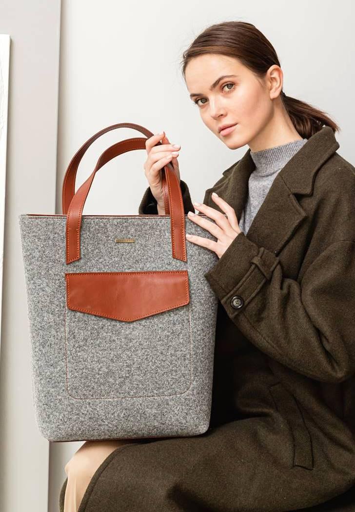 Жіноча сумка фетрова Шоппер D.D. зі шкіряними вставками Коричневий (A-026371) Жіноча сумка фетрова Шоппер D.D. зі шкіряними вставками Коричневий (A-026371)