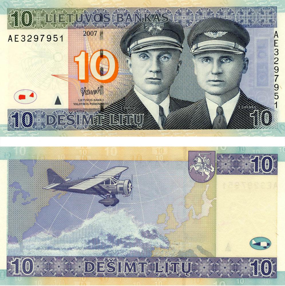 Коллекционная банкнота Литва 10 лет 2007 UNC Самолет P68 (Б03553)
