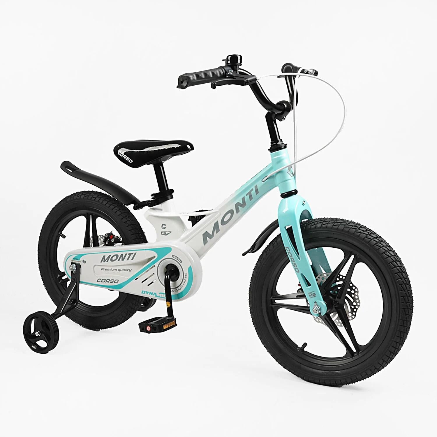 Детский велосипед Corso Monti двухколесный 16" с дополнительными колесами Бело-голубой (MT-16705)