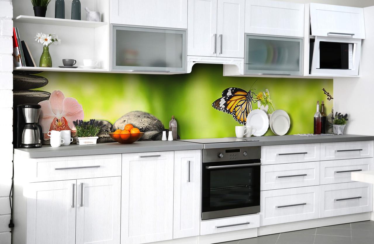 Кухонный фартук Махаон бабочка орхидея из самоклеящейся виниловой пленки 60х250 см Зеленый