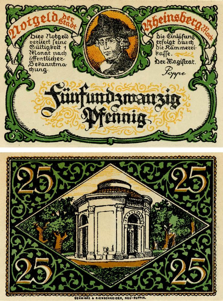 Коллекционная банкнота Германия Нотгельд 25 пфеннигов F-VF Райнсберг Разновидность 3 (Б18538)