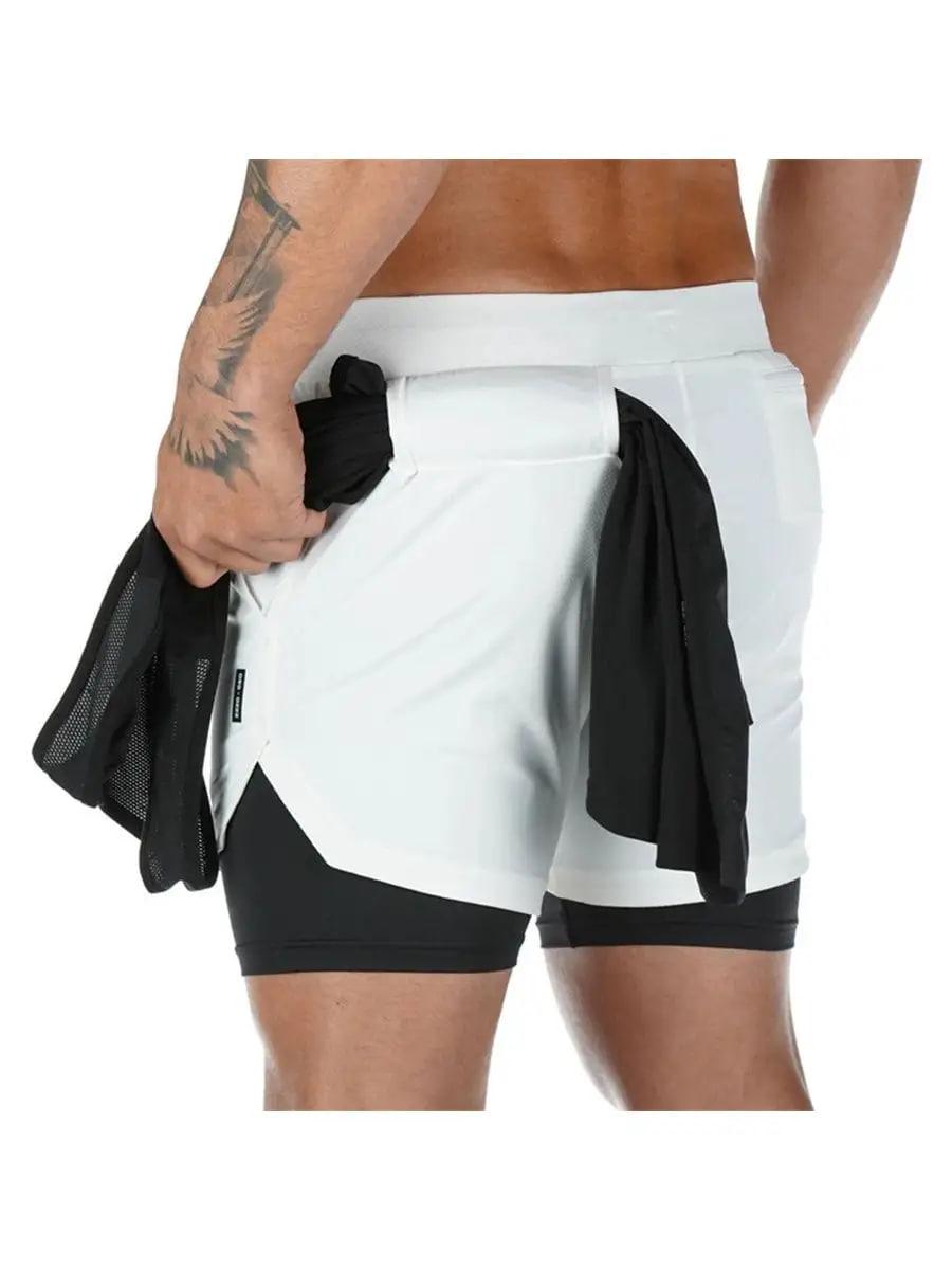 Шорты спортивные мужские с тайтсами для тренировок бега и фитнеса с карманом с черным подкладом XXXL Белый (100009XXXL) - фото 4