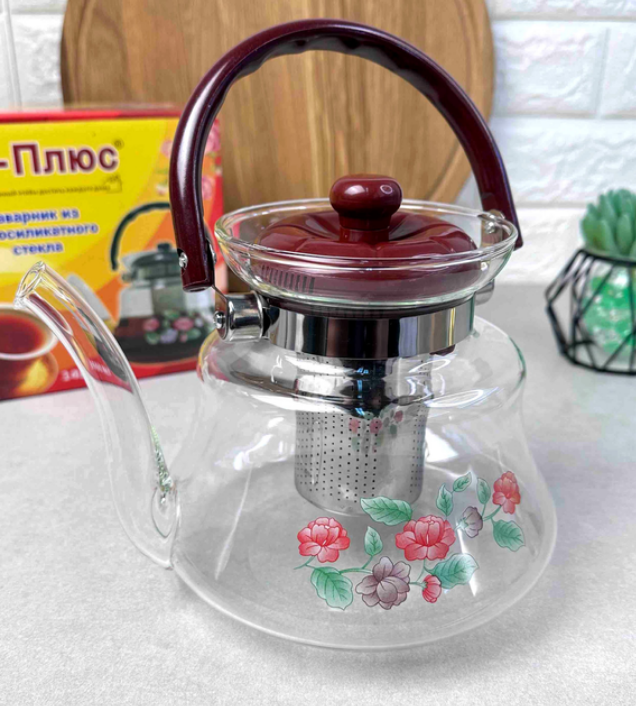 Чайник стеклянный с металлическим ситечком 1,4л A-plus 1042 - фото 3