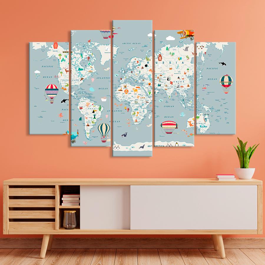 Картина на холсте Карта мира с флорой/фауной/воздушным транспортом в белом цвете 137x85 см (V542-5_L)