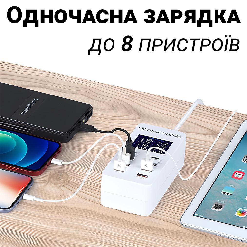 Пристрій зарядний Addap WLX-A8T на 8 роз'ємів 2 Type-C/6 USB-A із підтримкою PD 3.0 та QC 3.0 швидкої зарядки - фото 8