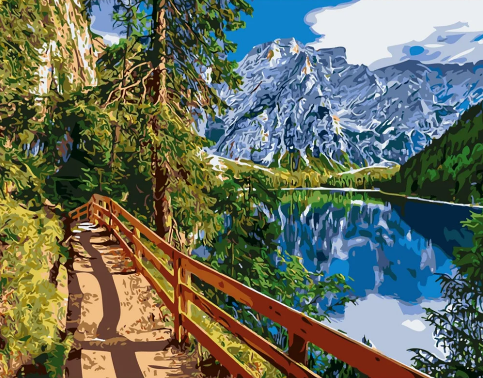 Картина по номерам Strateg Тропа на горном озере с лаком и уровнем 40x50 см (SY6207)