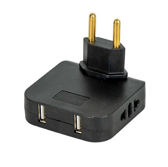 Тройник в розетку на 2 USB и 2 евророзетки поворотный на 180 градусов плоский Черный (3901А)