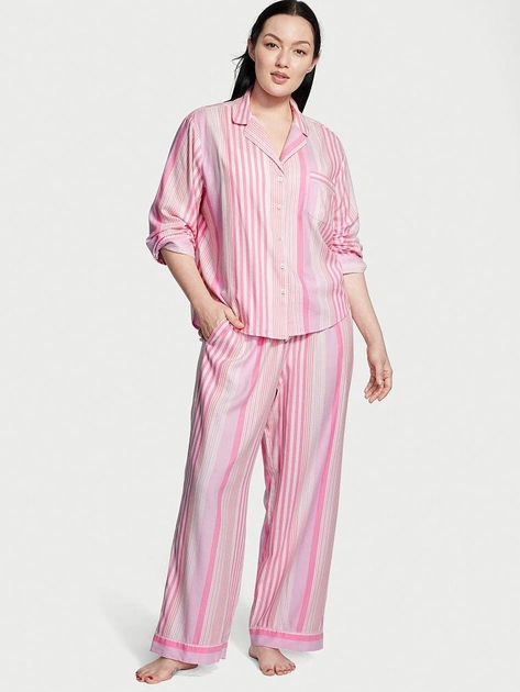 Піжама жіноча Victoria's Secret Flannel Long Pajama Set фланелева в смужку L Білий/Рожевий (15351131)