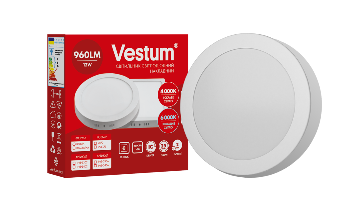 Светильник накладной круглый светодиодный Vestum 12W 6000K 220V (1-VS-5306)