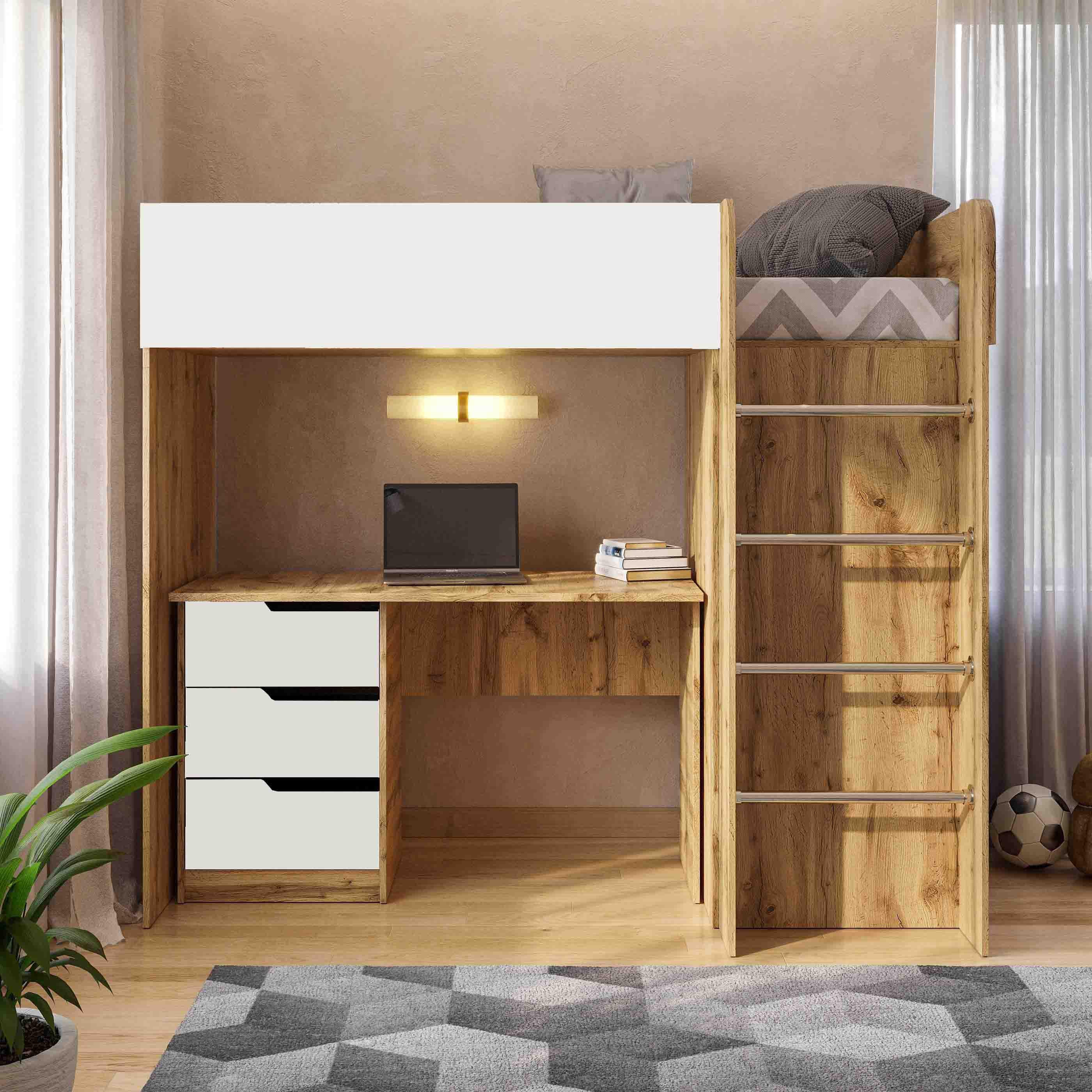 Комплект для детской BED-ROOM 3 кровать со шкафом и письменный стол 1940x1020x1690 мм Дуб Тахо/Белый