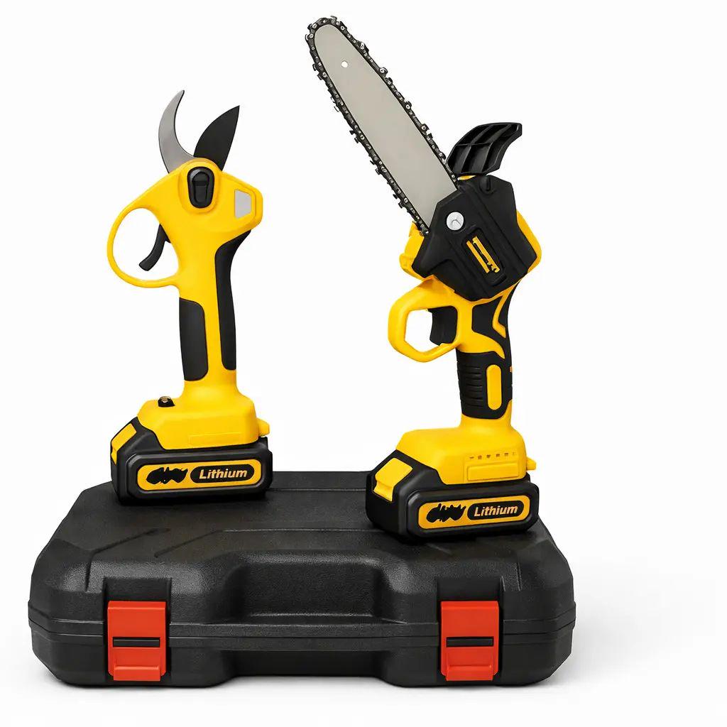 Комплект аккумуляторных инструментов 2в1 в кейсе 24V пила 20 см 550 Вт и секатор с цифровым дисплеем 31 см Желтый Комплект аккумуляторных инструментов 2в1 в кейсе 24V пила 20 см 550 Вт и секатор с цифровым дисплеем 31 см Желтый
