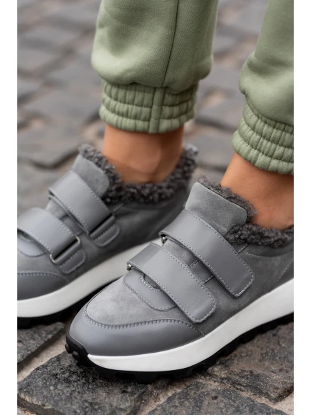 Кроссовки женские кожаные с замшевыми вставками на меху р. 41 26,5 см Серый - фото 2