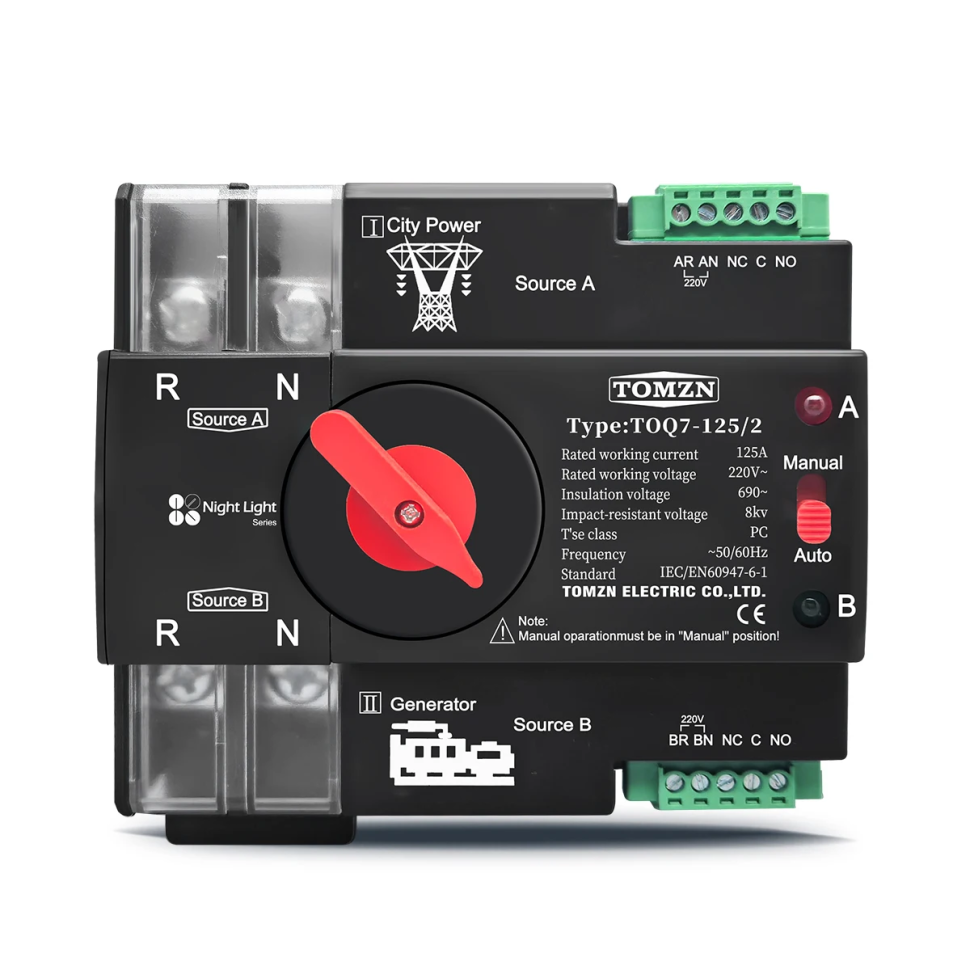 Автомат ввода резерва однофазный Tomzn TOQ7-125/2P 125A АВР на Din-рейку Черный