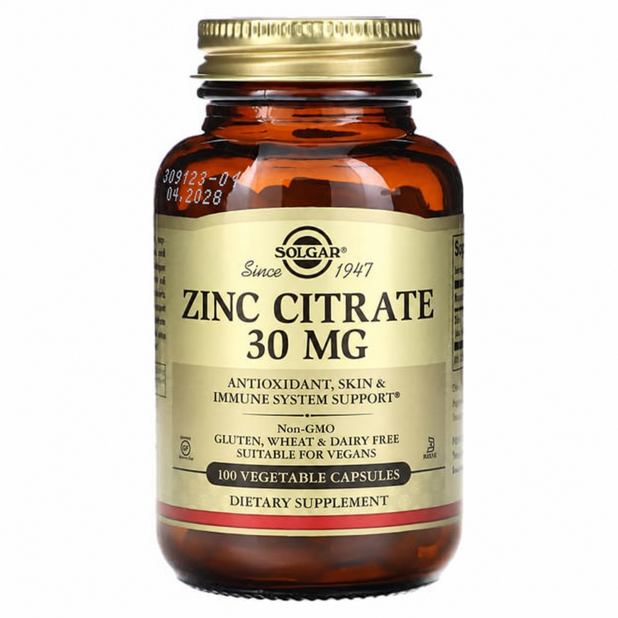 Цинк Solgar Zinc Citrate 30 мг 100 Vegetable Capsules (SOL-03670)