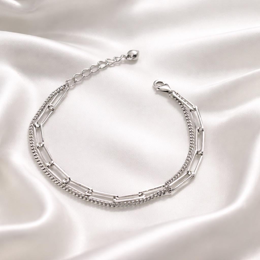 Браслет срібний подвійний з прямокутними ланками та підвіскою-серцем р. 17-20 см