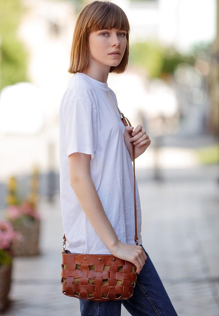 Женская сумка кожаная плетеная Пазл S краст Светло-коричневый (A-026644)