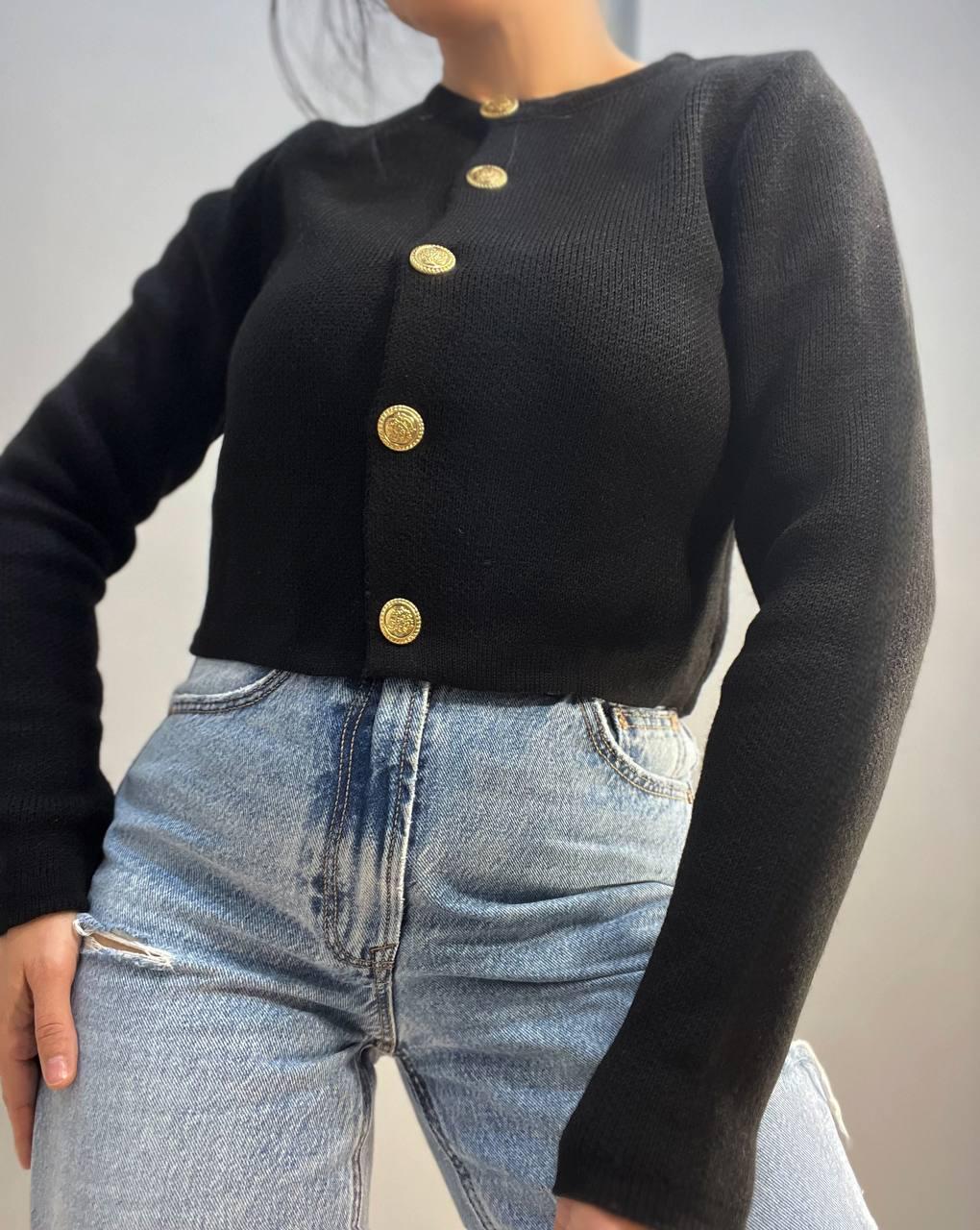 Кардиган женский MIX RAY 6722 золотые пуговицы короткий простой OS Черный (1038) - фото 4
