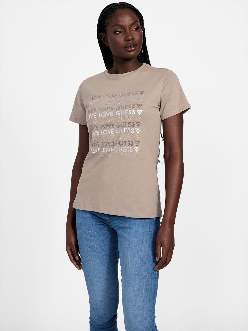 Футболка женская Guess Halie Crewneck Rhinestone L Бежевый (7620837164824)