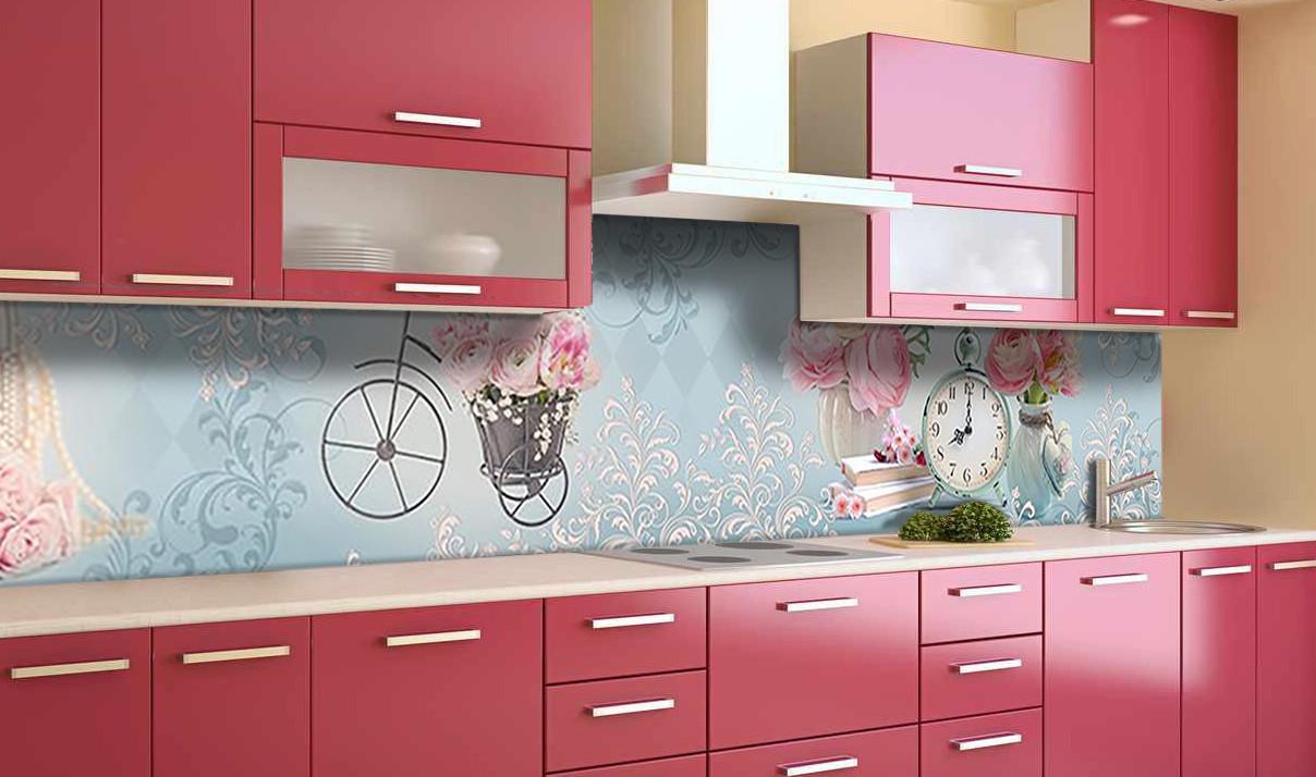 Кухонный фартук Розы велосипед букеты с самоклеющейся виниловой пленки 60х250 см Голубой