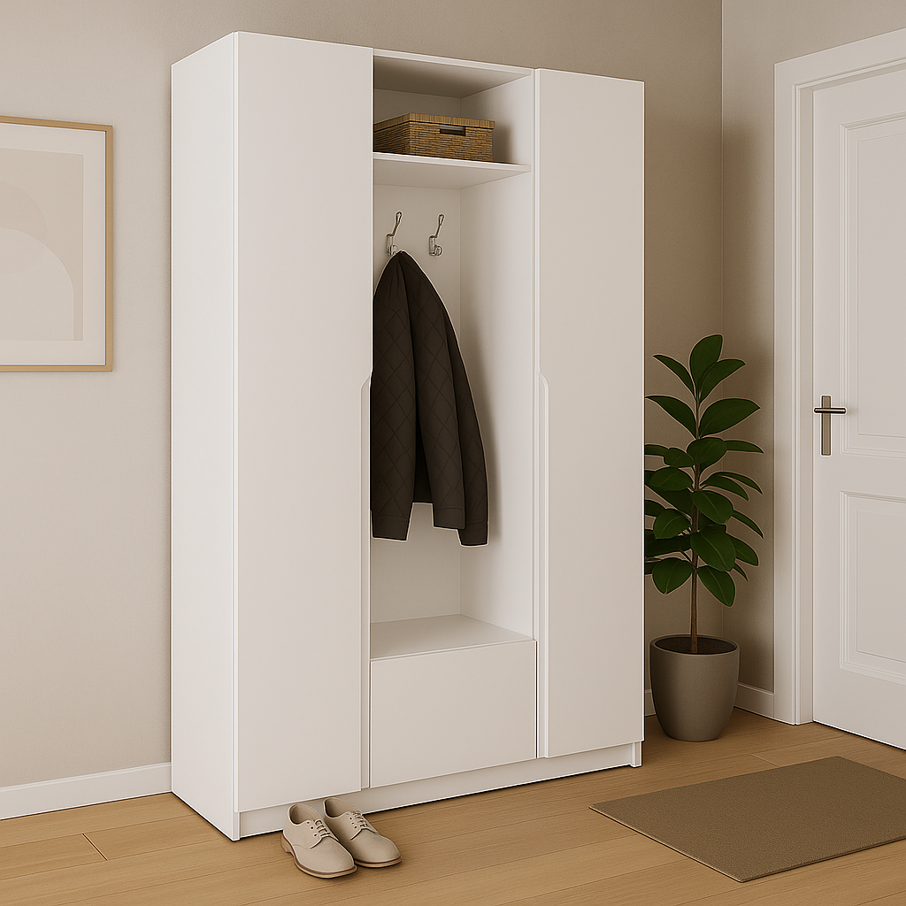 Шкаф распашной  SENAM ШР8 V и J фрезерованные ручки 2600х1600х450 мм корпус ДСП Белый/фасад МДФ RAL9003 Белый (ШР8.26.45.16.ФР.2)