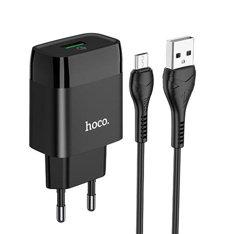 Пристрій мережевий зарядний Hoco C72Q QC3.0 1 USB/2A з кабелем для заряджання USB/MicroUSB Чорний