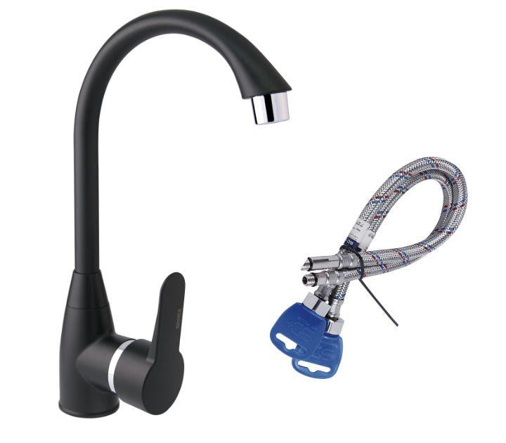 Смеситель для кухни Brinex 351B 007 с гибкой подводкой 40 см Черный (351B007/SW40)