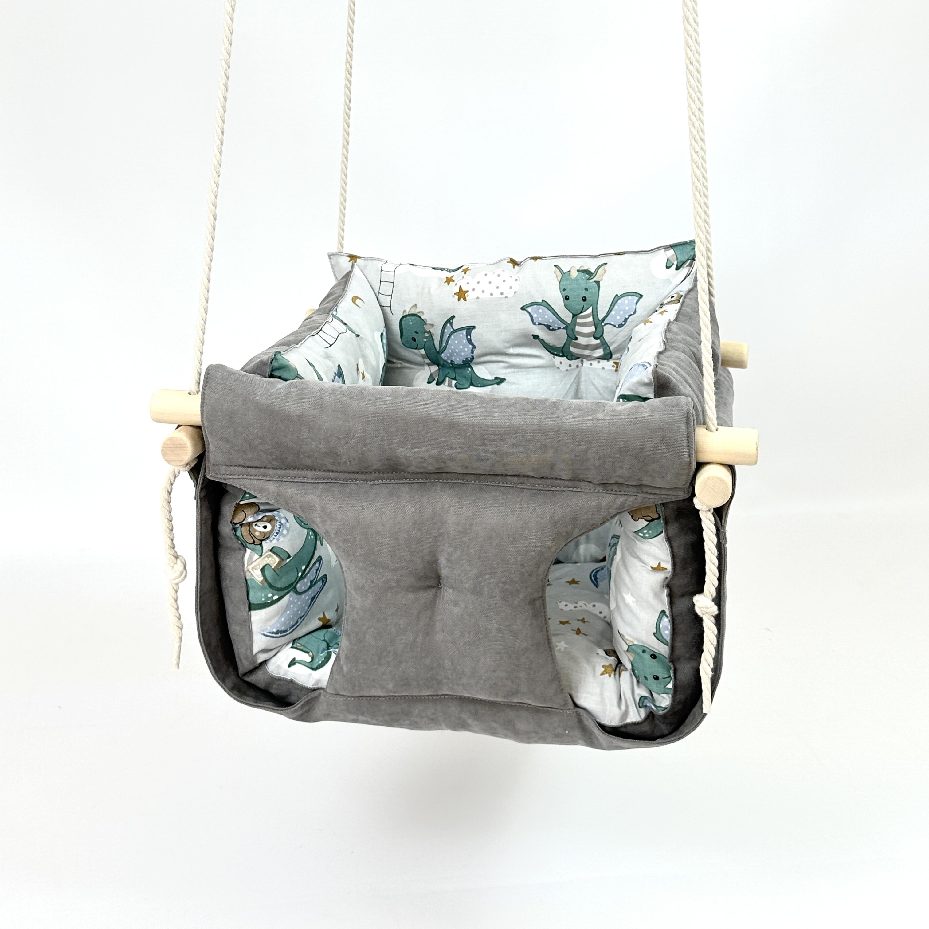 Детские качели подвесные Премиум микровелюр с динозаврами Серый (gs-8994)
