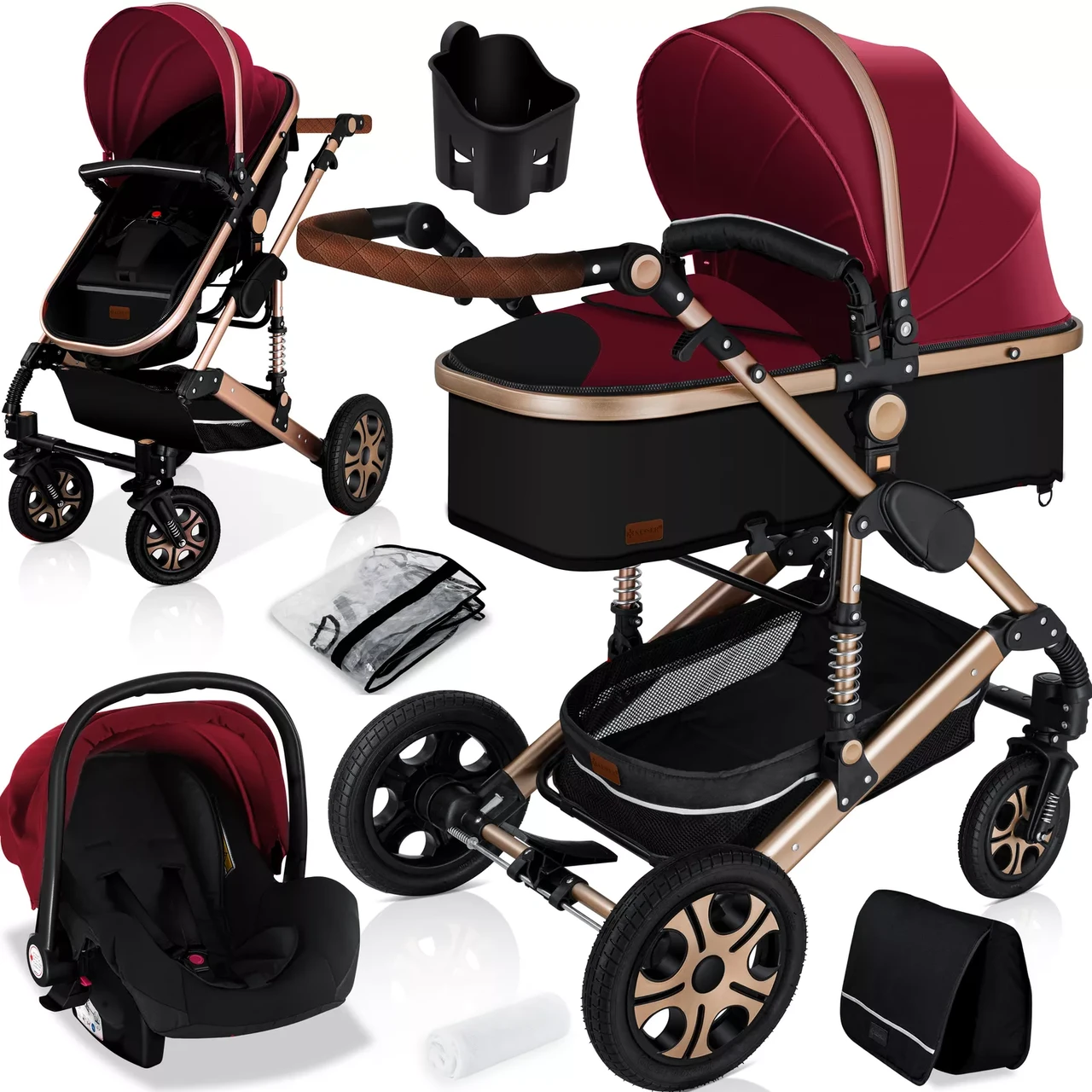 Коляска дитяча з автокріслом KESSER 3в1 94x64x119 см Червоний/Золотий - фото 8