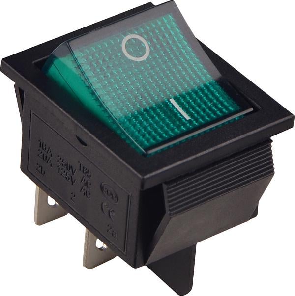 Переключатель АСКО KCD2-201N GR/B 1 клавиша 2NO 31 мм 15A с подсветкой зеленый LED 12V AC/DC Черный (A0140040171)