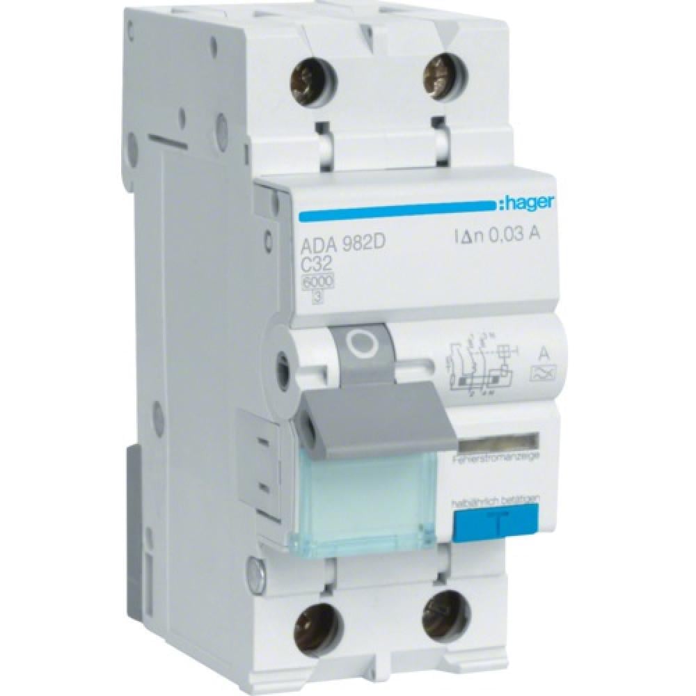 Вимикач диференційний автоматичний Hager ADA982D 1P+N 6kA C-32A 30mA тип A (00000045917)