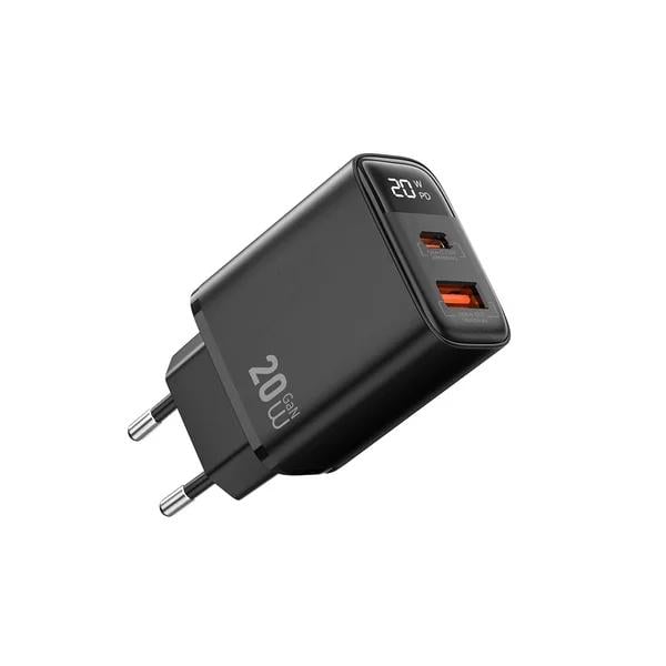 Зарядний пристрій мережевий WIWU Firefly GaN Wi-G009 20W USB-A/USB-C з дисплеєм EU Black (6977703654035)