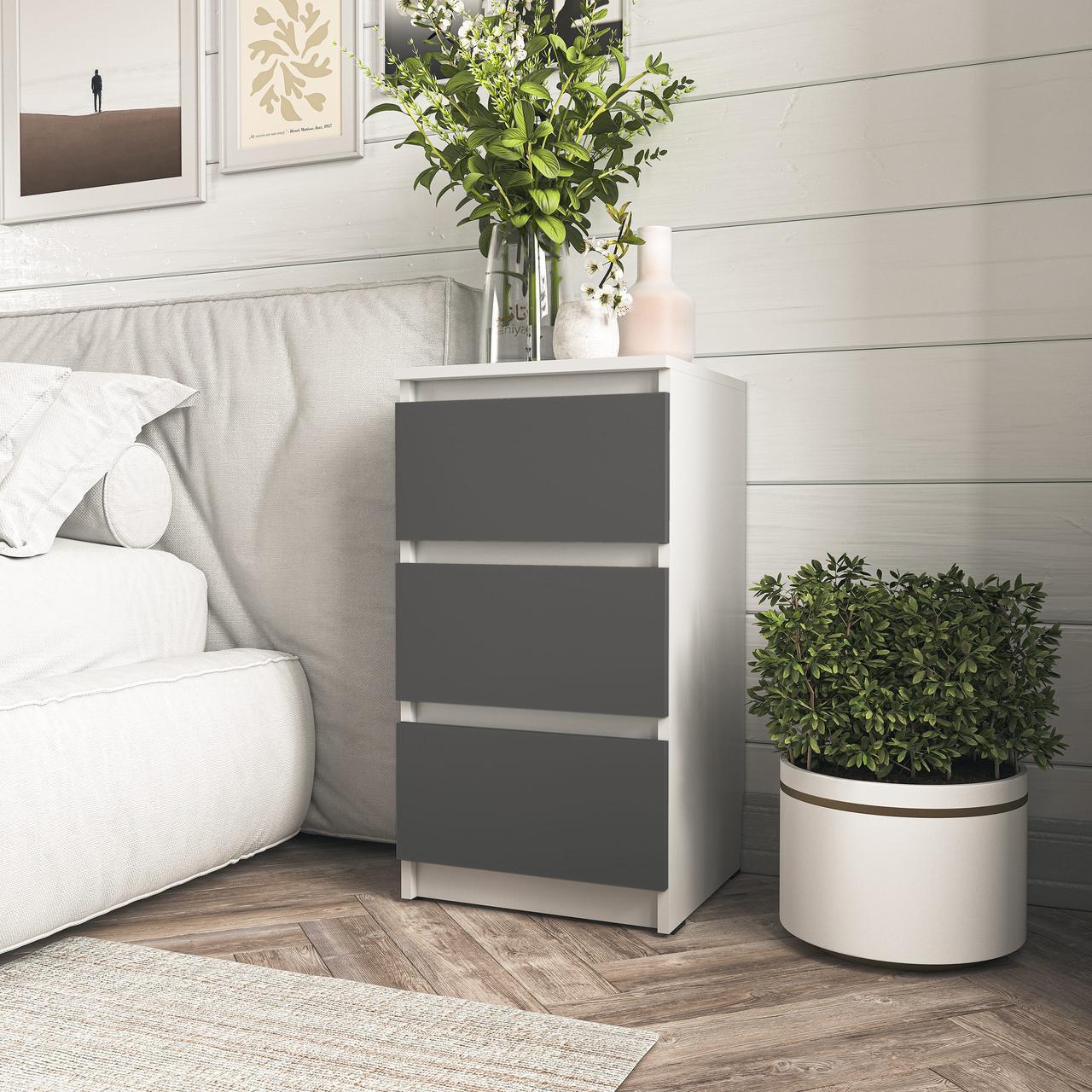 Тумба приліжкова з трьома шухлядами і прихованими ручками Білий/Антрацит (T-216)