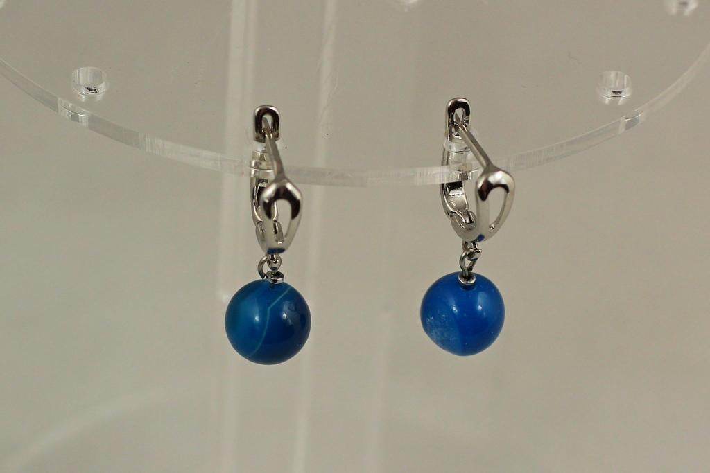 Серьги-подвески шарики агат полосатый голубой 3 см Серебристый (32899041)