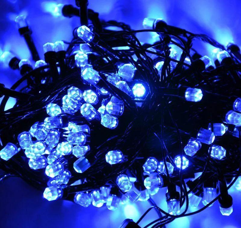 Гирлянда цепь светодиодная классическая 7 м 100 LED 8 режимов черный шнур лампочки кристалл Синий