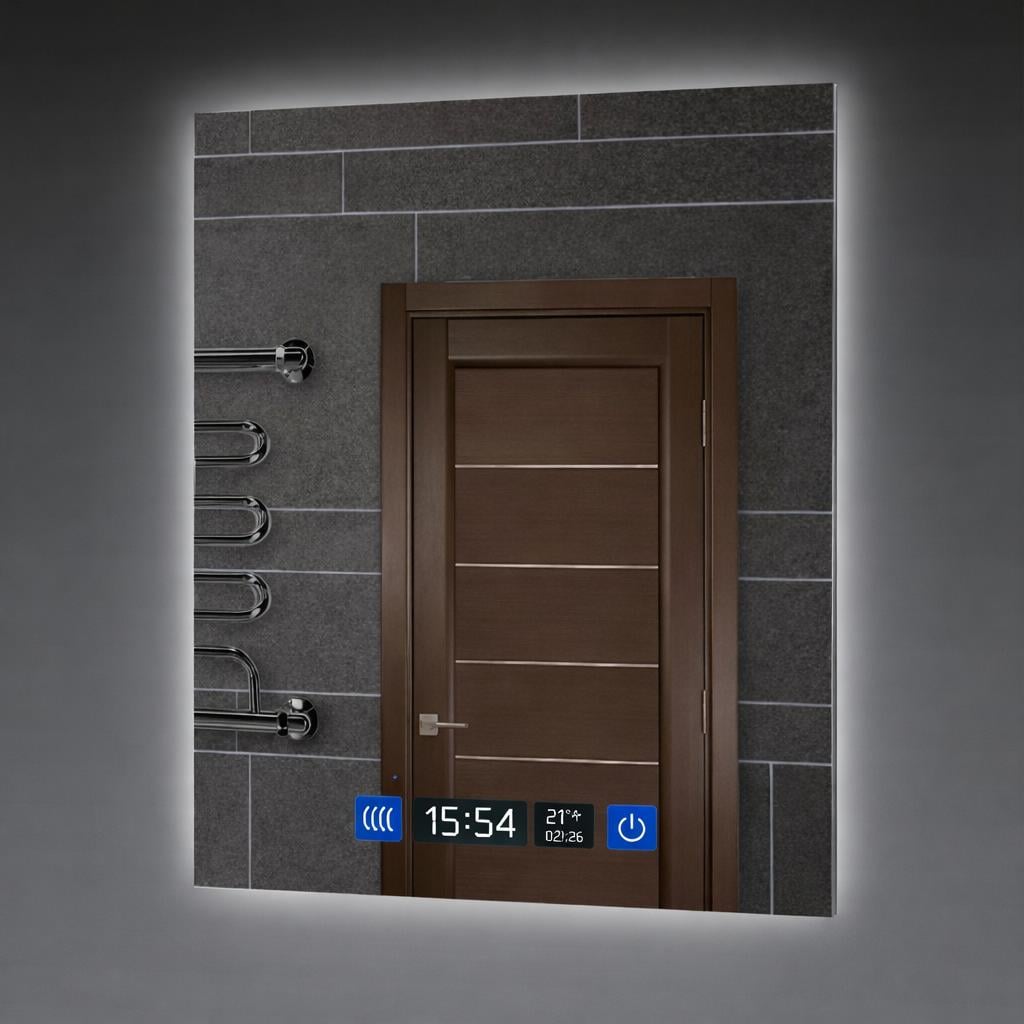 Зеркало для ванной LED ML-06 90x70 см с подсветкой/Smart-дисплеем часы/температура и подогревом антизапотевания