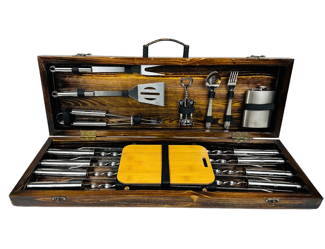 Набор шампуров подарочный BBQ Lux - 2 в деревянном кейсе на 26 предметов (106-10- KS-7813)