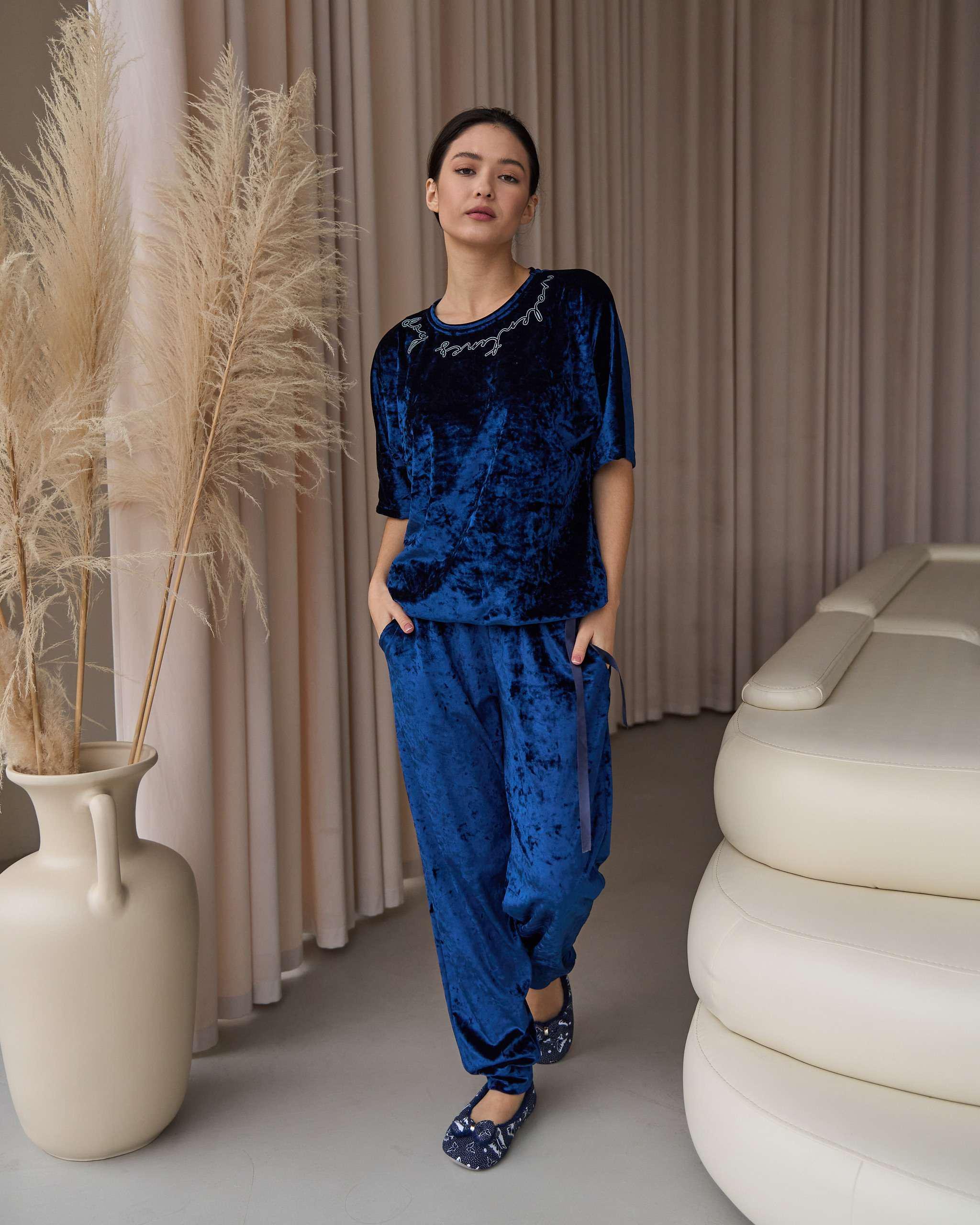 Пижама брюки и футболка на завязке мраморный велюр L Темно-синий (87124)