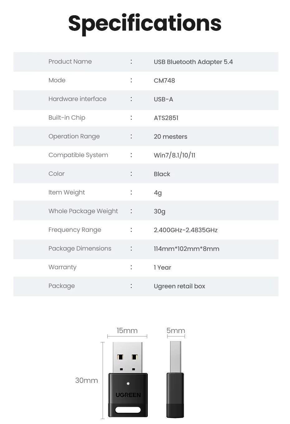 Адаптер UGREEN Bluetooth USB USB-A Bluetooth 5.4 Чорний (45134) - фото 10
