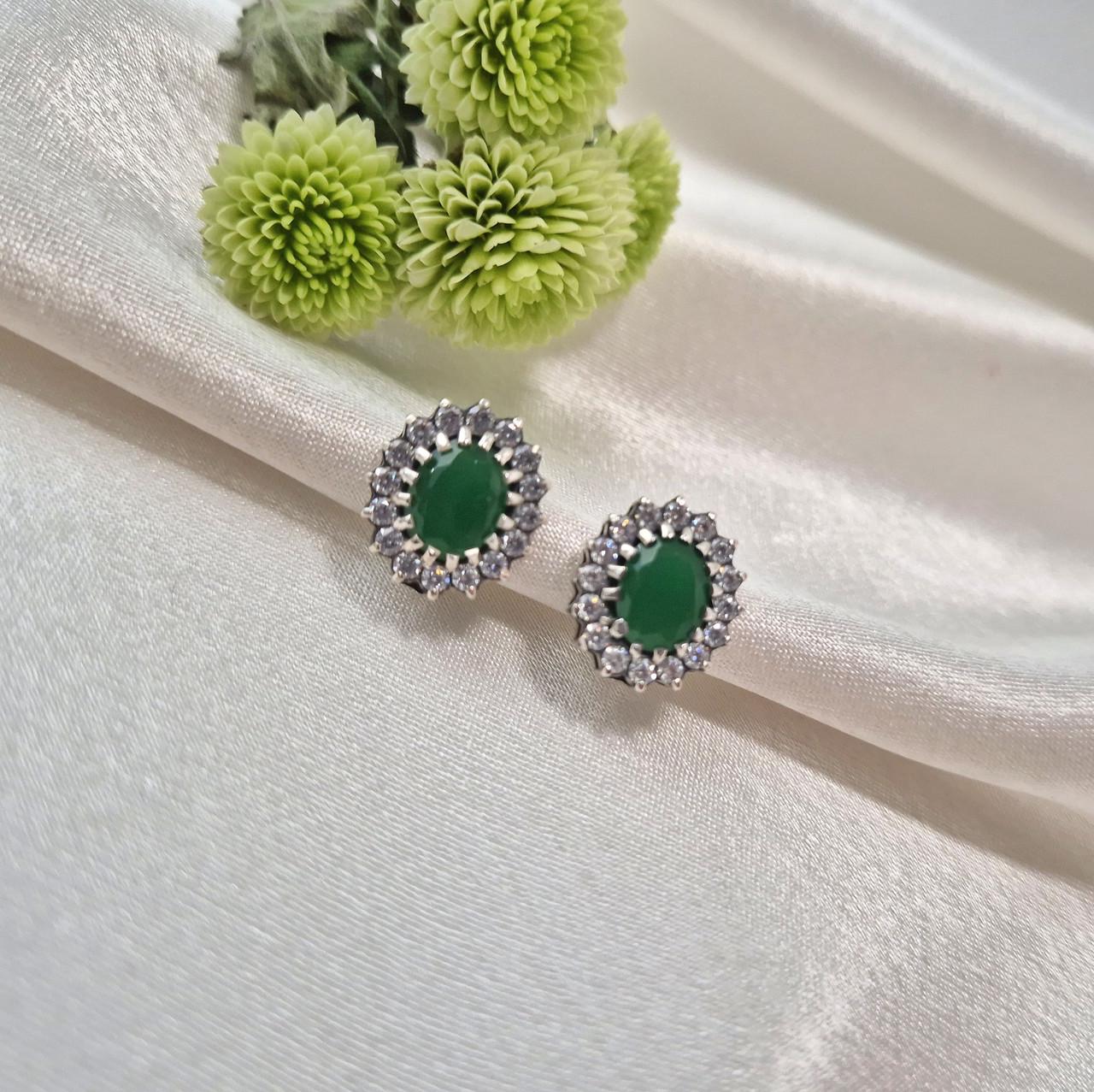 Серьги овал с большим зеленым камнем имитация хризопраз черненное серебро 925 пробы 5,10 г (2885)