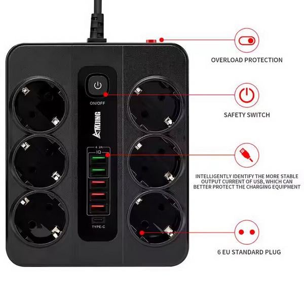 Подовжувач BKL11 2 м на 6 роз'ємів 5 USB 1 Type-C (16-110) - фото 2 Подовжувач BKL11 2 м на 6 роз'ємів 5 USB 1 Type-C (16-110) - фото 2