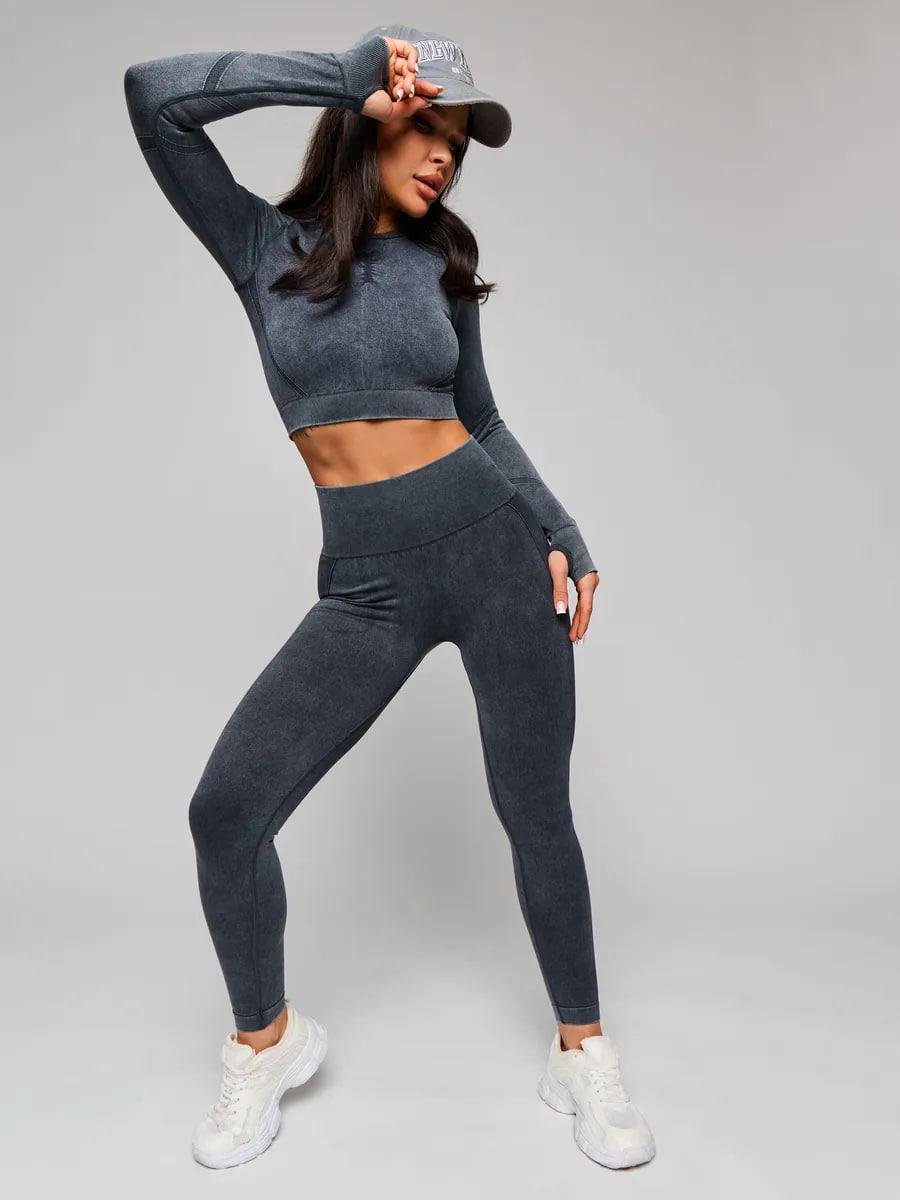 Спортивный костюм женский Push Up Рашгард и лосины Push Up для тренировок фитнеса и йоги в стиле джинс M Черный (70054M)