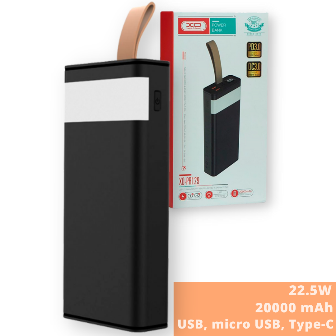 Повербанк XO PR129 PD 20W 22,5W 20000 mAh Чорний (ЦУ-00036613_1058) - фото 2 Повербанк XO PR129 PD 20W 22,5W 20000 mAh Чорний (ЦУ-00036613_1058) - фото 2