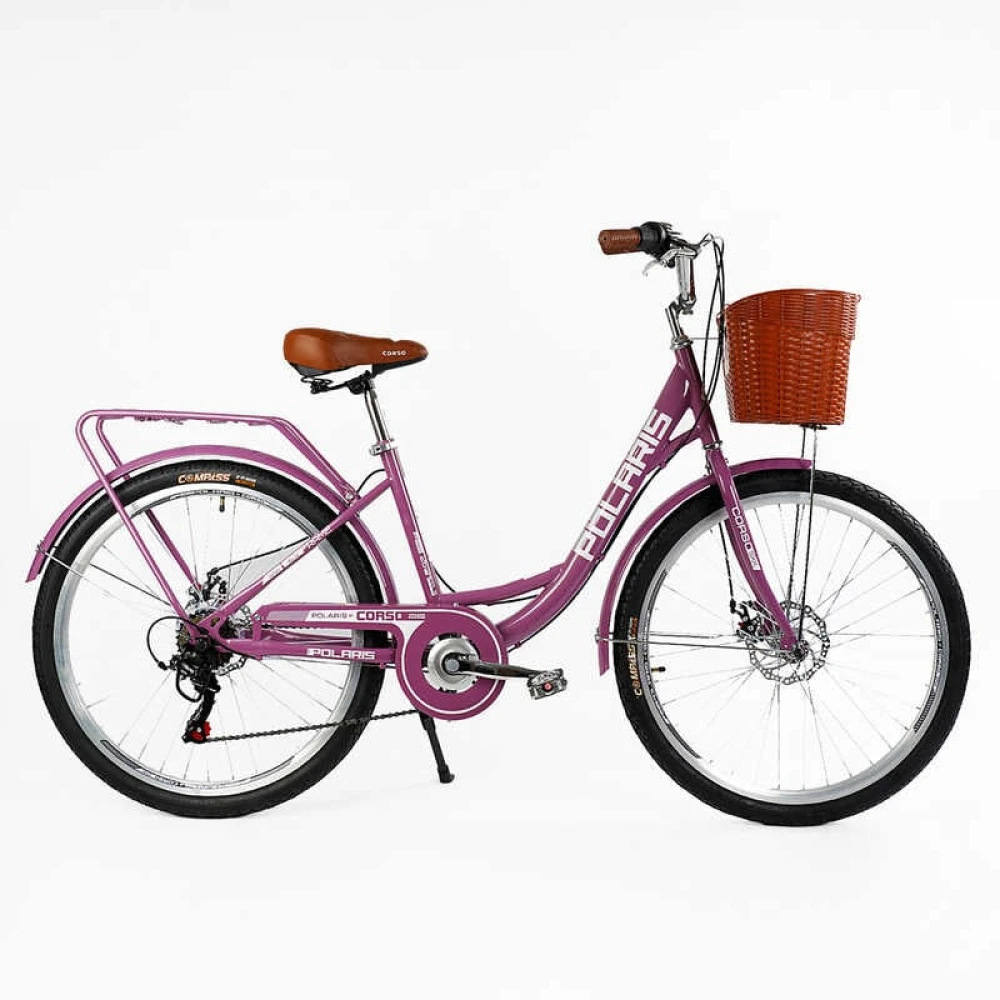 Велосипед городской Corso Polaris 26" стальная рама 16,5"/Shimano 7 скоростей/корзина/багажник Фиолетовый (PS-91606) Велосипед городской Corso Polaris 26" стальная рама 16,5"/Shimano 7 скоростей/корзина/багажник Фиолетовый (PS-91606)