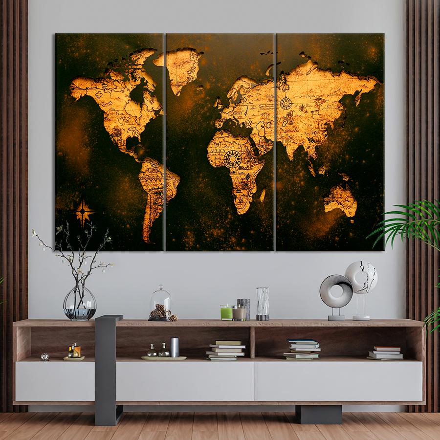 Картина карта Винтажная карта мира в золотистом цвете 78x48 см (A1355-3)