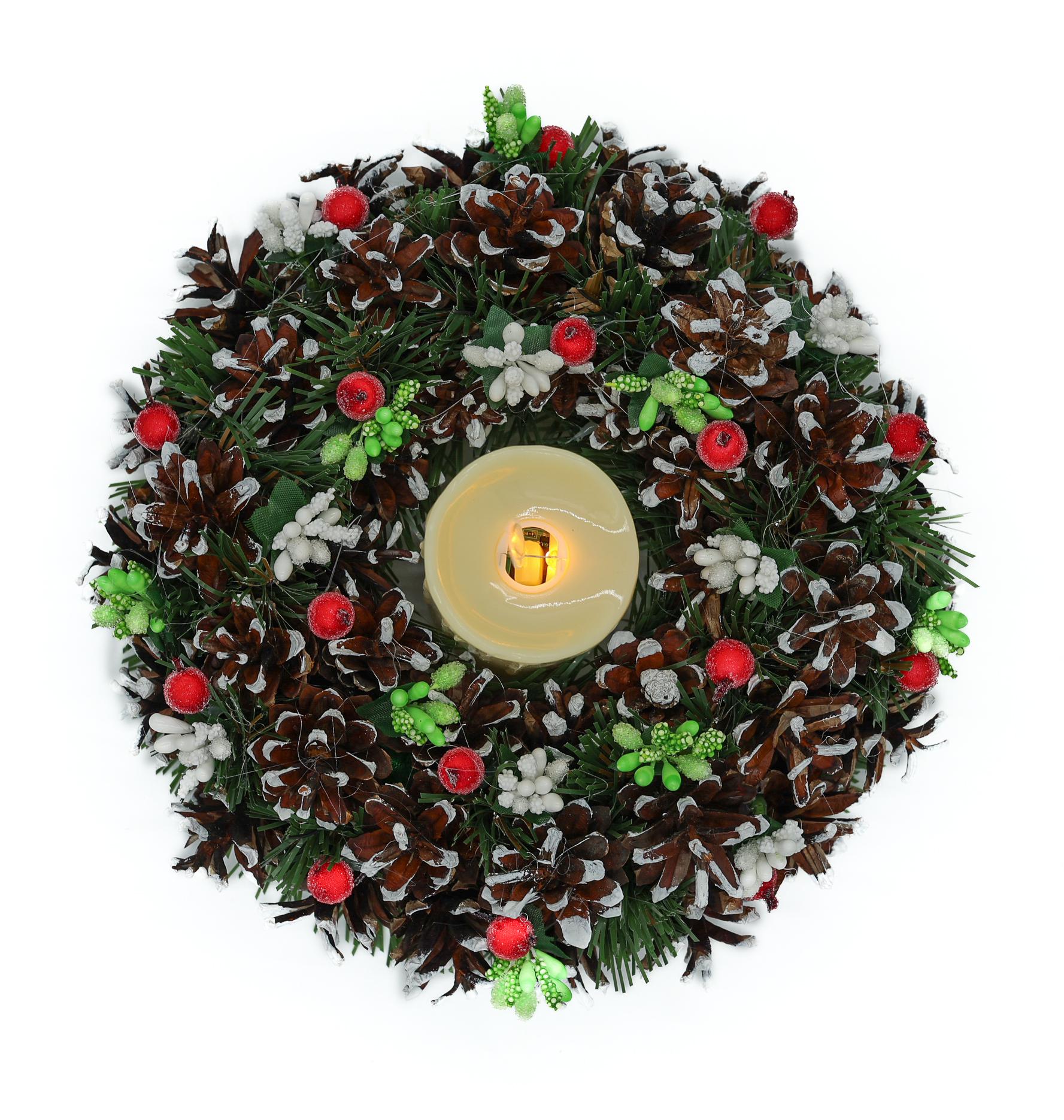 Вінок-підсвічник з шишок та ягід з лед свічкою 22/10 см (В2201Л) - фото 2