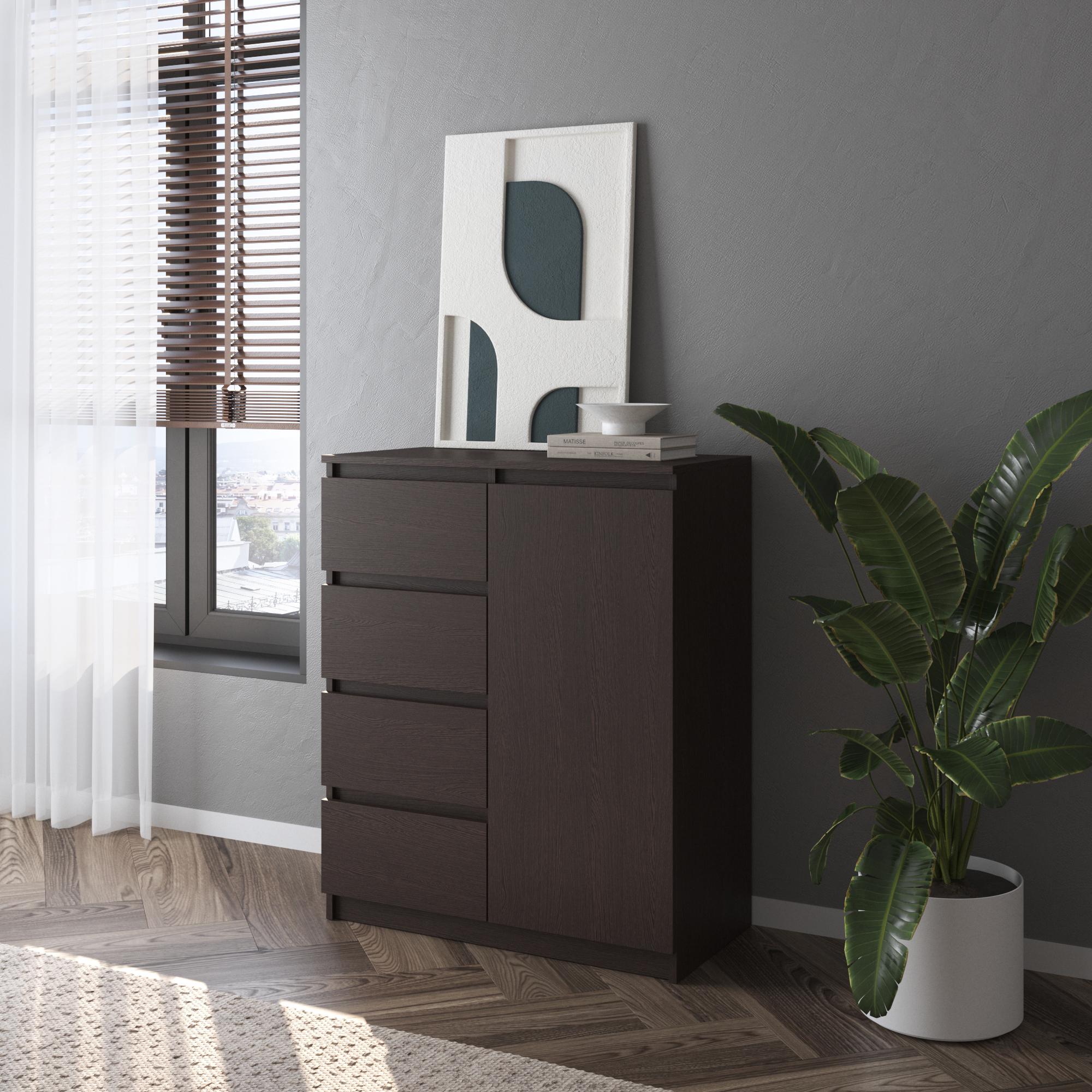 Комод VAYS R/32 с полками на 4 выдвижных ящика с фасадами без ручек Венге темный